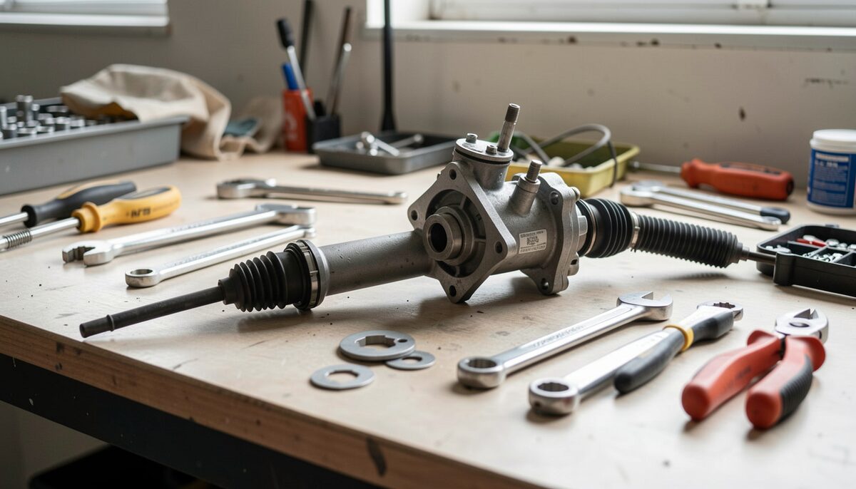A steering rack assembly with torn rubber boots laid across a wooden workbench, surrounded by open-end wrenches, pliers and small washers, a shop window with daylight behind it.